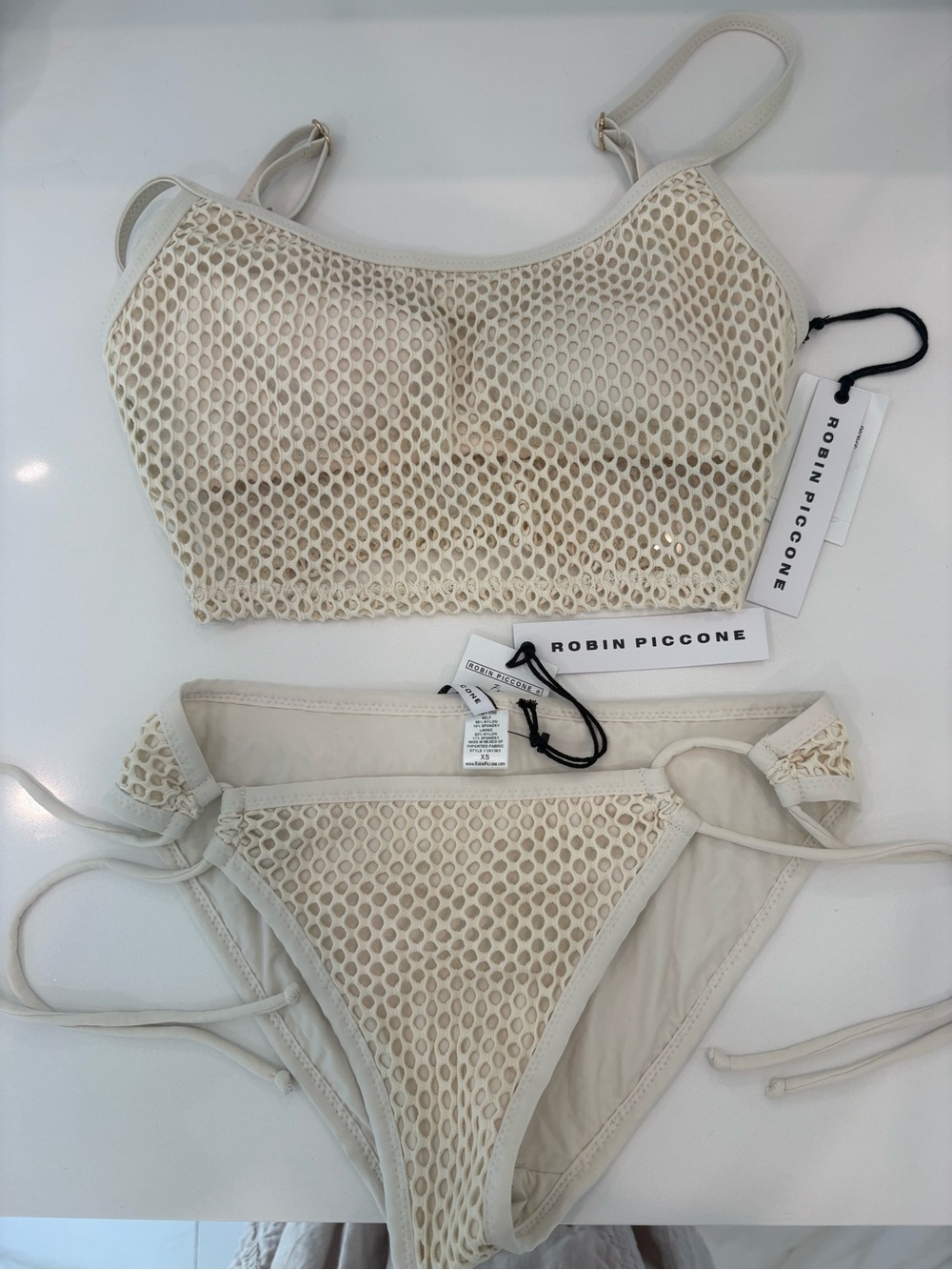 Robin Piccone Cream Mesh Bandeau Bikini Set with Tie-Side Bottoms